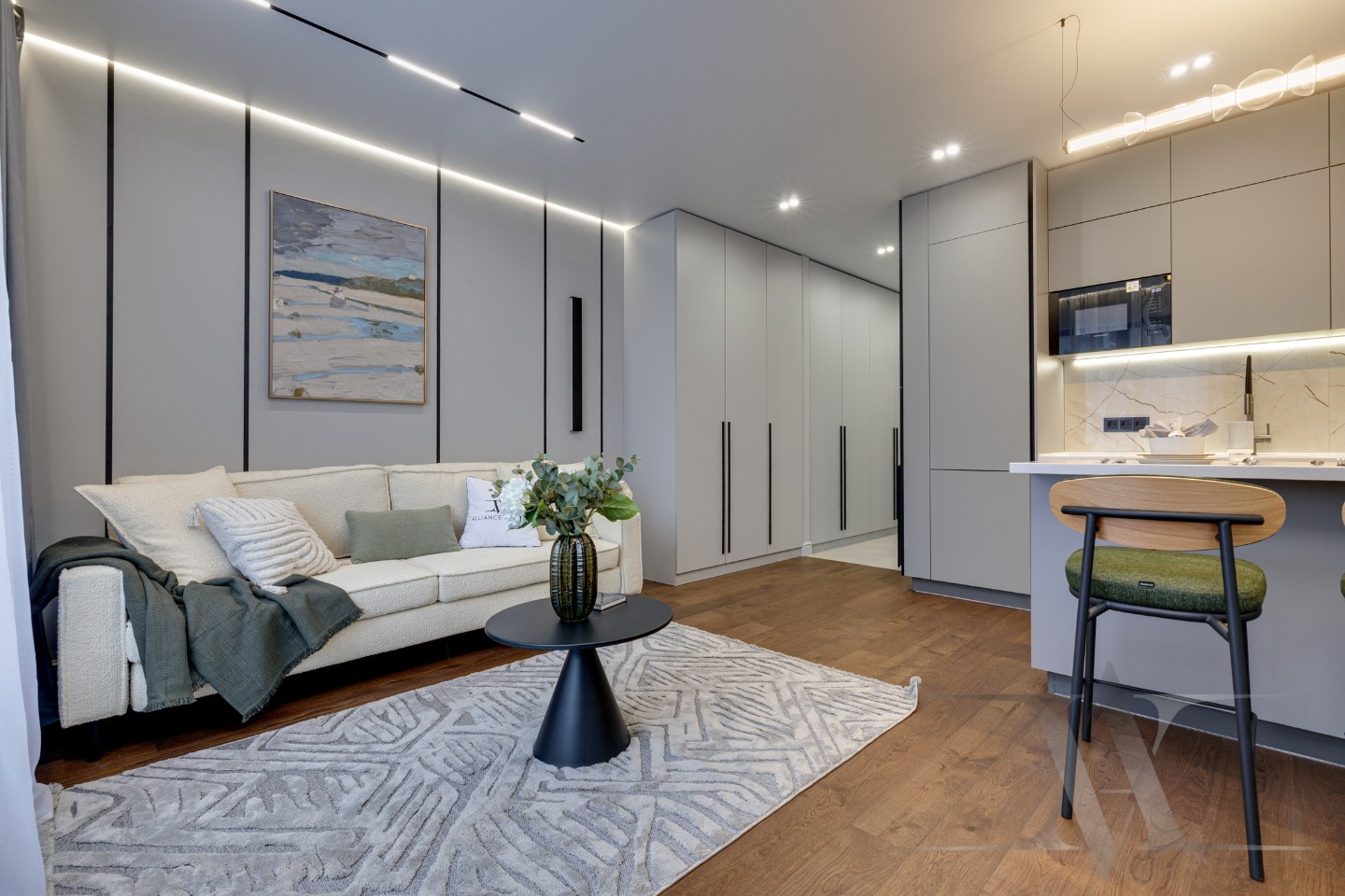 Новая однокомнатная квартира с просторной кухней гостиной и авторским дизайн-проектом от студии дизайна «Design Alliance». Ремонт квартиры выполнен командой студии «Design Alliance». Начиная от разработки проекта и заканчивая клинингом квартиры всю работу по созданию вашего идеального жилья берет на